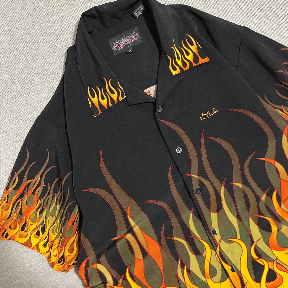 Sapphire Lounge Flame Print‎ Button Up Shirt Kyle Lets Display Black Mens Size M